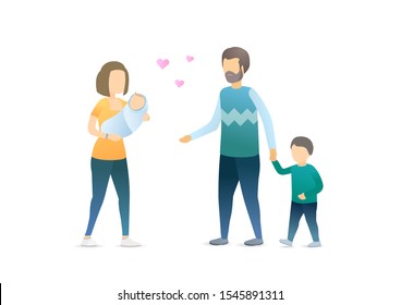 Happy family, parenthood flat vector illustration. Father with little son and mother holding infant cartoon characters. Dad and son meet mom and newborn baby. Childbirth, childcare concept.