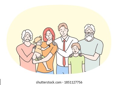 Happy family, parenthood, generations, children concept. Happy parents, grandparents and children standing all together and looking at camera. Togetherness, happiness, couple, kids vector illustration