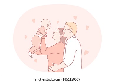 Happy family, parenthood, having children concept. Young happy parents father and mother cartoon characters standing and holding small baby in raised hands. Togetherness, happiness, couple