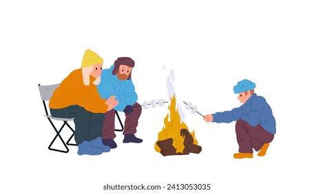 Happy family with parents and boy son child cartoon characters frying marshmallow on camp fire