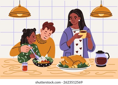 A happy family, parents with a child enjoying dinner together. Mother, father and daughter eat, drink drinks, communicate with each other. Vector illustration