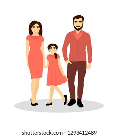 A happy family. Parents and child. Mom, dad and daughter. The whole family in the same color clothes.