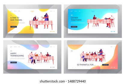 Happy Family of Parents and Children Celebrating Thanksgiving Day Website Landing Page Set. People Eating Meal and Talking Together, Festive Lunch Web Page Banner. Cartoon Flat Vector Illustration