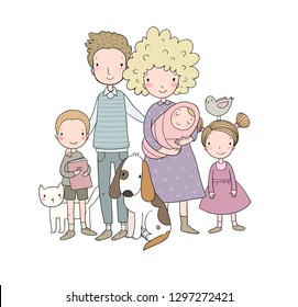 A happy family. Parents with children. Cute cartoon dad, mom, daughter, son and baby. Funny pet cat and dog