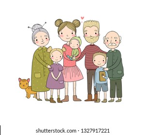 A happy family. Parents with children. Cute cartoon dad, mom, daughter, son and baby. grandmother and grandfather. Funny pet cat