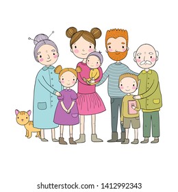 happy family. Parents with children. Cute cartoon dad, mom, daughter, son and baby. grandmother and grandfather. Funny pet cat - Vector 