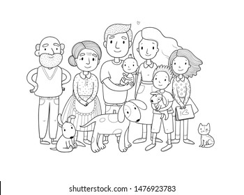 A happy family. Parents with children. Cute cartoon dad, mom, daughter, son and baby. grandmother and grandfather. Funny pet cat and dog