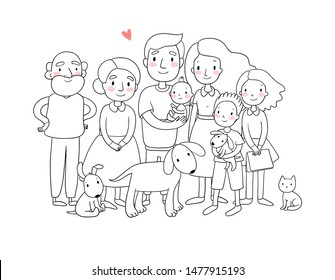 A happy family. Parents with children. Cute cartoon dad, mom, daughter, son and baby. grandmother and grandfather. Funny pet cat and dog 