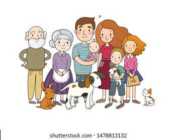 A Happy Family. Parents With Children. Cute Cartoon Dad, Mom, Daughter, Son And Baby. Grandmother And Grandfather. Funny Pet Cat And Dog 