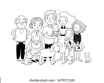 A happy family. Parents with children. Cute cartoon dad, mom, daughter, son and baby. grandmother and grandfather. Funny pet cat and dog 