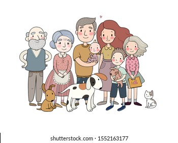 A happy family. Parents with children. Cute cartoon dad, mom, daughter, son and baby. grandmother and grandfather. Funny pet cat and dog 