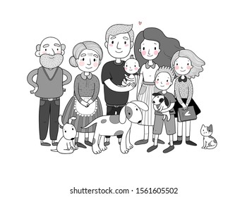 A happy family. Parents with children. Cute cartoon dad, mom, daughter, son and baby. grandmother and grandfather. Funny pet cat and dog