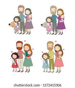 Happy family. Parents with children. Cute cartoon dad, mom, daughter and baby. 