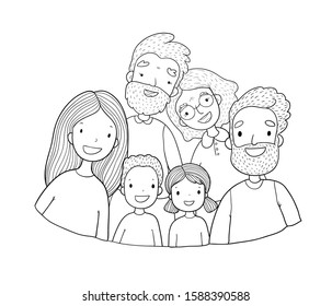 Happy family. Parents with children. Cute cartoon dad, mom, daughter and son. grandmother and grandfather. 