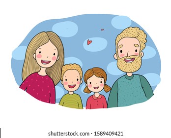 Happy family. Parents with children. Cute cartoon dad, mom, daughter and son.