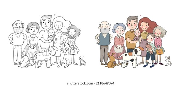 A Happy Family. Parents With Children. Cute Cartoon Dad, Mom, Daughter, Son And Baby.  Illustration For Coloring Books. Monochrome And Colored Versions. Worksheet For Children And Adults 