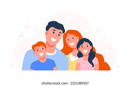 Happy family. Parents with children. Dad, mom and son and daughter are smiling. Happy faces of family members. Flat vector illustration isolated on white background