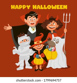 Happy family, parents with children and a dog dressed in costumes for Halloween. Vampire, imp, mummy, witch and ghost. Trick or Treat. Vector cartoon illustration