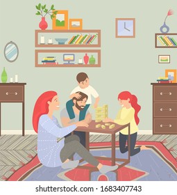 Happy family of parents and children at home on floor playing games. They sitting on carpet and play jenga. Happiness and cosiness. Mother and father, son and daughter. Vector illustration flat style