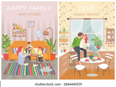 Happy family, parents and children at home on floor playing games. Couple on cabinet in kitchen smiling. Happiness and cosiness. Vector illustration in flat style