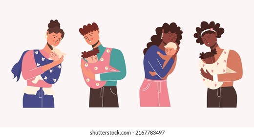 Happy family. Parents with children. Mom is holding the baby. The father is holding the baby. Vector illustration.