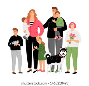 Happy family, parents with children and pets. Big family love, dog and cat, mom and dad, son and daughter vector illustration