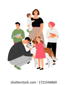 Happy family. Parents children pets characters. Mother father kids with dogs and cats vector illustration