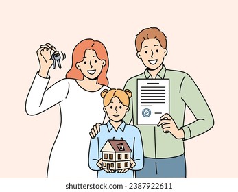 Happy family parents and daughters are holding keys and model of house urging them to take out mortgage from bank. Positive spouses became owners of own real estate thanks to profitable mortgage loan