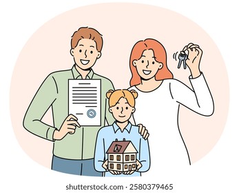 Happy family parents and daughters are holding keys and model of house urging them to take out mortgage from bank. Positive spouses became owners of own real estate thanks to profitable mortgage loan