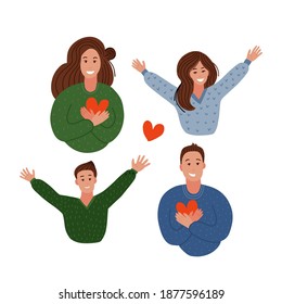 Happy family. Parents holding hearts and children jumping. Delight, joy, victory concept. Mom, dad, son and daughter . Concept of family, family values, support and connections. Modern flat vector