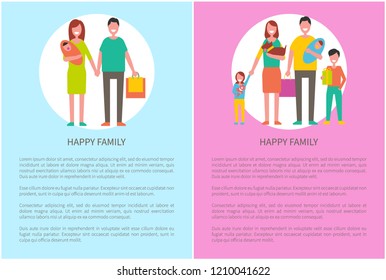Happy family parents and kids. Couple and children spending time together vector people. Mother holding newborn baby on hands, father with adorable son.