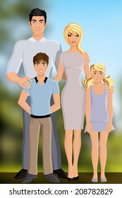 Happy family parents and kids full length portrait on outdoor background vector illustration
