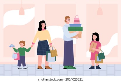 Happy family - parents with kids hold gift boxes and shopping bags with purchases. Buyers man, woman and children spending time at stores or malls. Vector flat colorful poster.