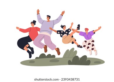 Happy family, parents with kids jumping with fun and joy. Smiling mother, father and children rejoicing together, celebrating in nature. Flat graphic vector illustration isolated on white background