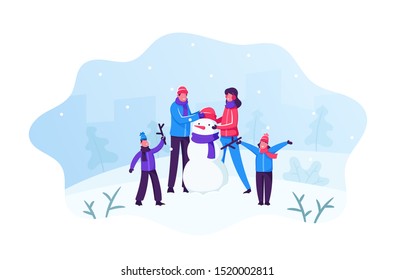 Happy Family of Parents with Kids Making Funny Snowman on Snowy Landscape Background. Winter Time Outdoor Activity. People Playing on Christmas Holidays Vacation. Cartoon Flat Vector Illustration