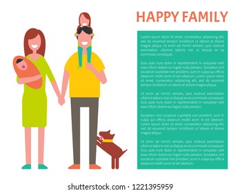 Happy family parents and kids poster with text sample in block. Woman holding husband by hand vector. Spouse with children having fun isolated people