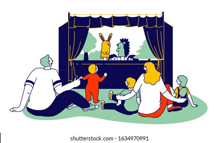 Happy Family of Parents and Kids Watching Together Puppet Show. Artist with Toys Hiding behind of Curtains Performing Entertainment for Little Children. Cartoon Flat Vector Illustration, Line Art