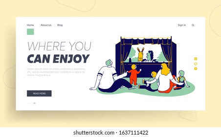 Happy Family of Parents and Kids Watching Puppet Show Website Landing Page. Artist with Toys Performing Entertainment for Little Children Web Page Banner. Cartoon Flat Vector Illustration, Line Art