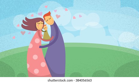 Happy Family Parents Love With Child Embrace Outdoors Vector Illustration