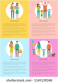 Happy family parents posters set with text vector. People spending time with kids, newborn child, boy and girl infants. Motherhood and parenthood