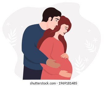 Happy family, parents. A pregnant woman with a large belly with the future father of the child is waiting for birth. The concept of motherhood, fatherhood, love, care, support. Vector graphics.