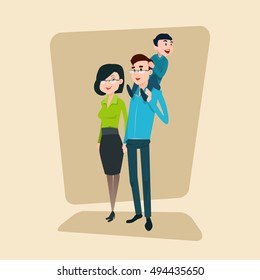 Happy Family Parents With Small Son Flat Vector Illustration