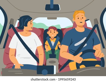 Happy Family Of Parents And Son Sitting Inside Car Driving Through A Road With Seatbelts Fasten, Flat Vector Illustration. Family Car Trip Or Daily Ride.