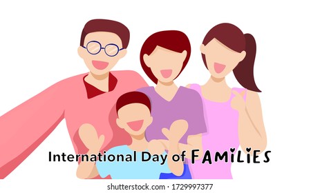 Happy family with parents, teenage daughter and young son. Family selfie. International day of families concept. 15 May 2020.Vector illustration. Flat design