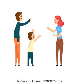 Happy family, parents and their son looking and pointing at something vector Illustration