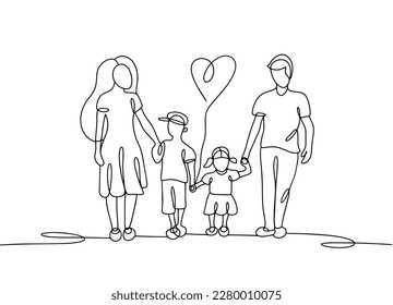 A happy family. Parents and two children. Walk together. Children hold a balloon in the form of a heart. One line drawing. Vector illustration