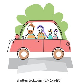 Happy Family Parents Two Children Car Drive Travel Vector Illustration