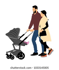  Happy family, parents walking outdoor with baby and pram, vector isolated on white background. Baby carriage. Fathers day. Mothers day. Young couple with baby enjoy in park. Family values.