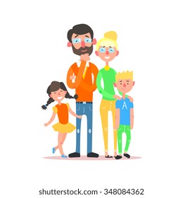 Happy Family with Parents Wearing Glasses. Flat Vector Illustration