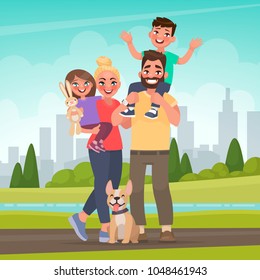 Happy family in the park. Father, mother, son and daughter together in nature. Vector illustration in cartoon style